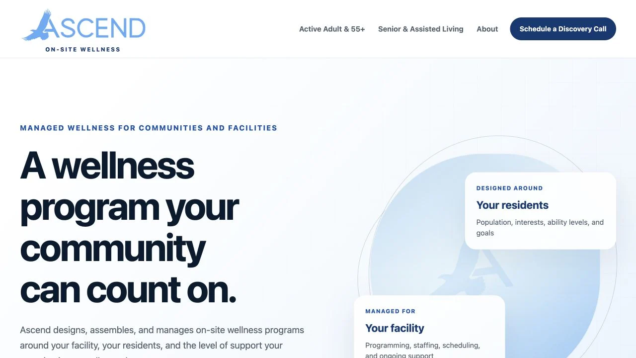 Ascend On-Site Wellness homepage introducing managed wellness for communities and facilities