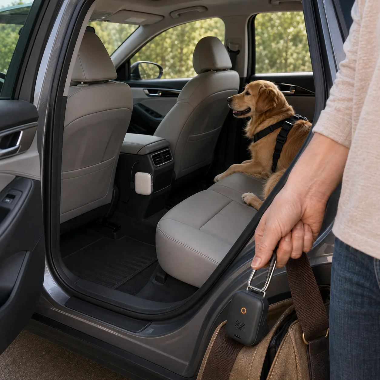 Illustrative C3 Connected Cabin Climate concept installed in a vehicle with a dog in the rear seat