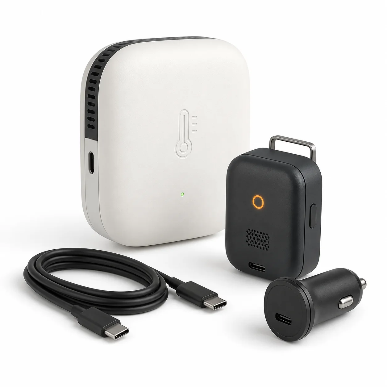 Illustrative product concept for the C3 Connected Cabin Climate sensor, receiver, cable, and vehicle adapter