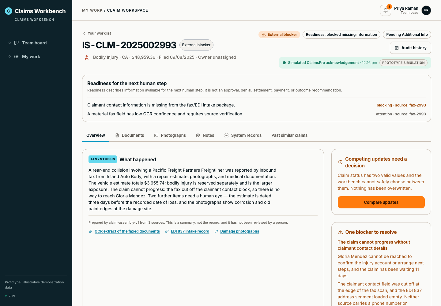 Illustrative claim workspace with a missing-information blocker, low-confidence source field, evidence links, and AI synthesis