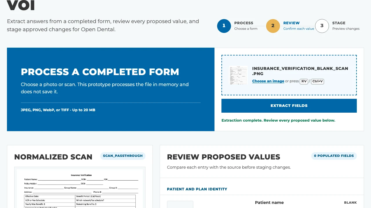 Premier Dentistry insurance-verification prototype showing a blank form extraction and human-review step