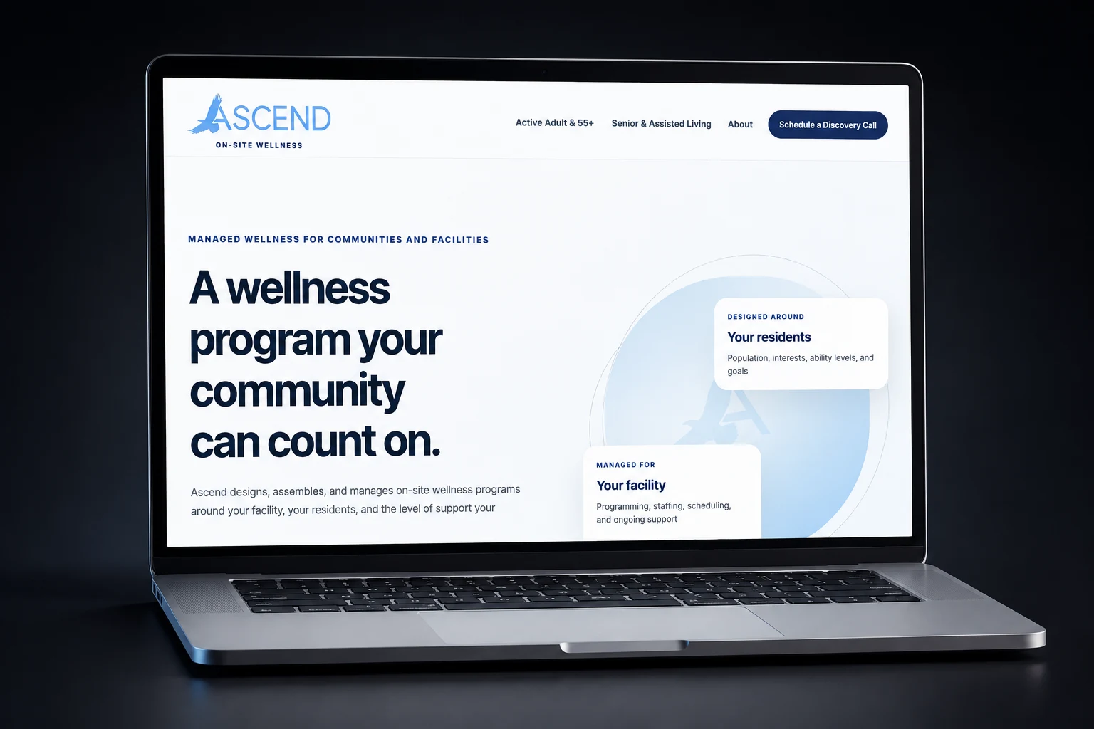 Designed laptop mockup presenting the Ascend On-Site Wellness website