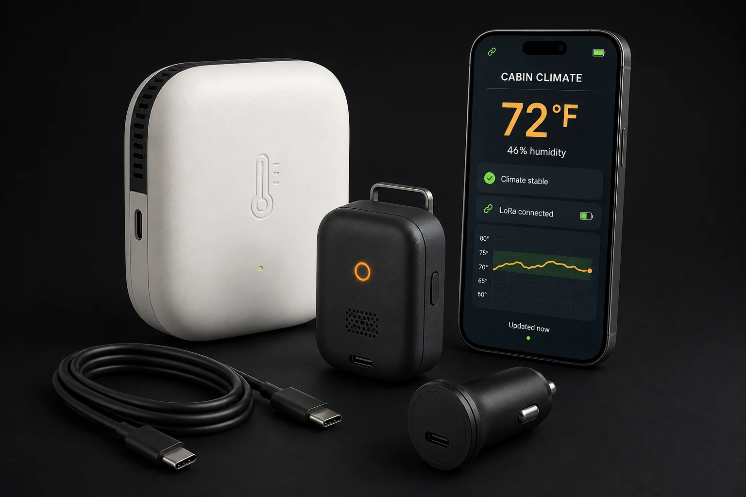 Designed C3 product-concept composition with sensor, receiver, accessories, and phone interface