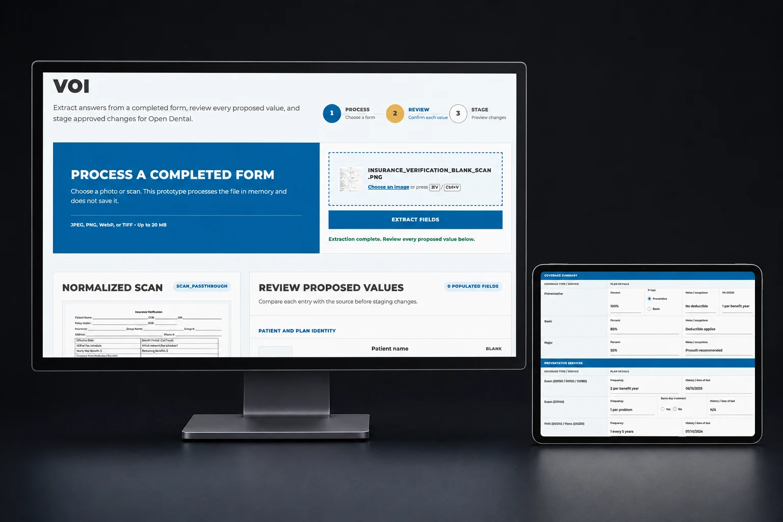 Designed monitor and tablet mockup presenting the Premier Dentistry insurance-verification prototype